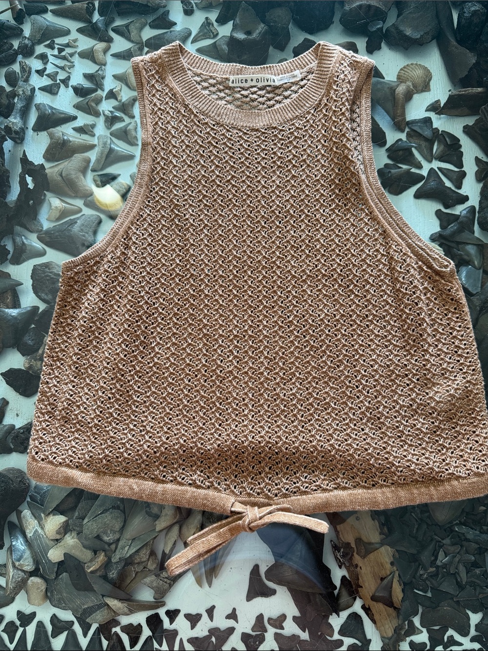 Alice + Olivia Tan Crochet Tie-Hem Knit Tank